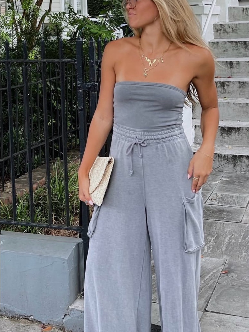 FP Movement by Free People Gray Strapless Wide-Leg Jumpsuit